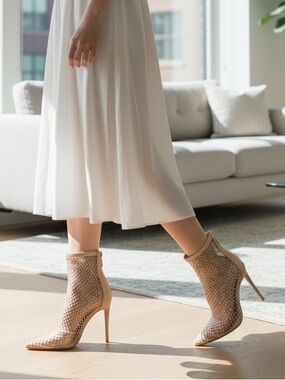 Charles by Charles David -Nude Mesh Crystal Ankle Booties - stilettos heels, 8.5